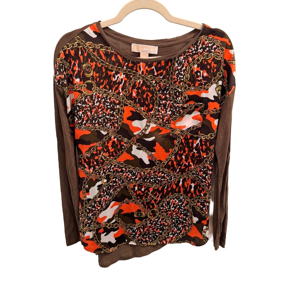 Michael Kors Long Sleeve Camo & Chain Patterned Top in Brown and Orange